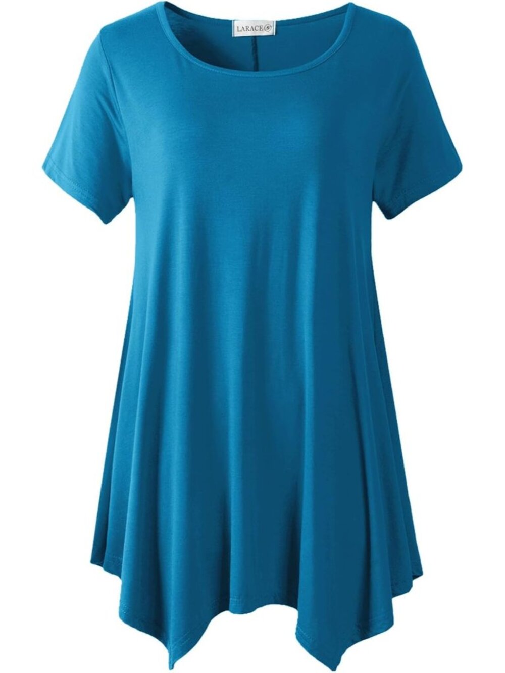 〽️ Women Lake Blue Short Sleeve Asymmetrical Tunic Casual Summer Blouse Top